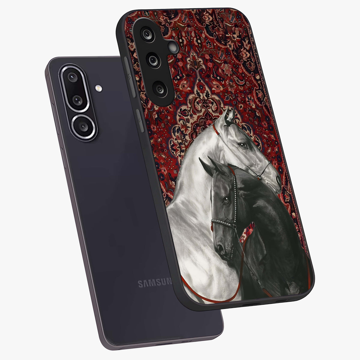 Regal Stallion Tapestry Glass Case displayed in angled mockup highlighting royal stallion design with decorative heritage aesthetic.