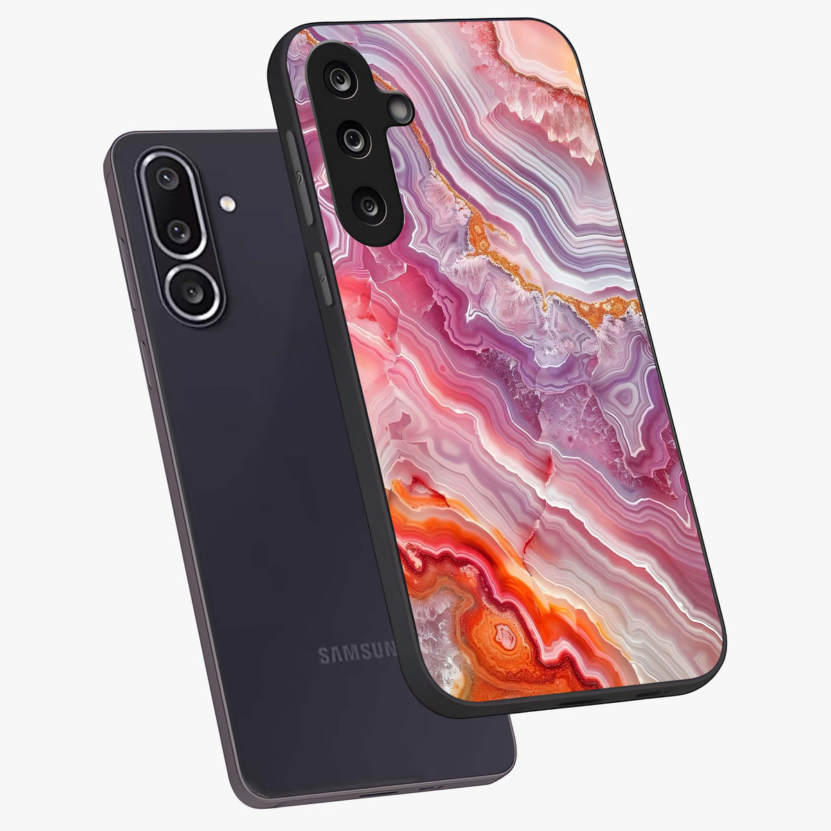 Rose Quartz Marble Glass Case displayed in angled mockup highlighting elegant marble pattern with soft aesthetic style.