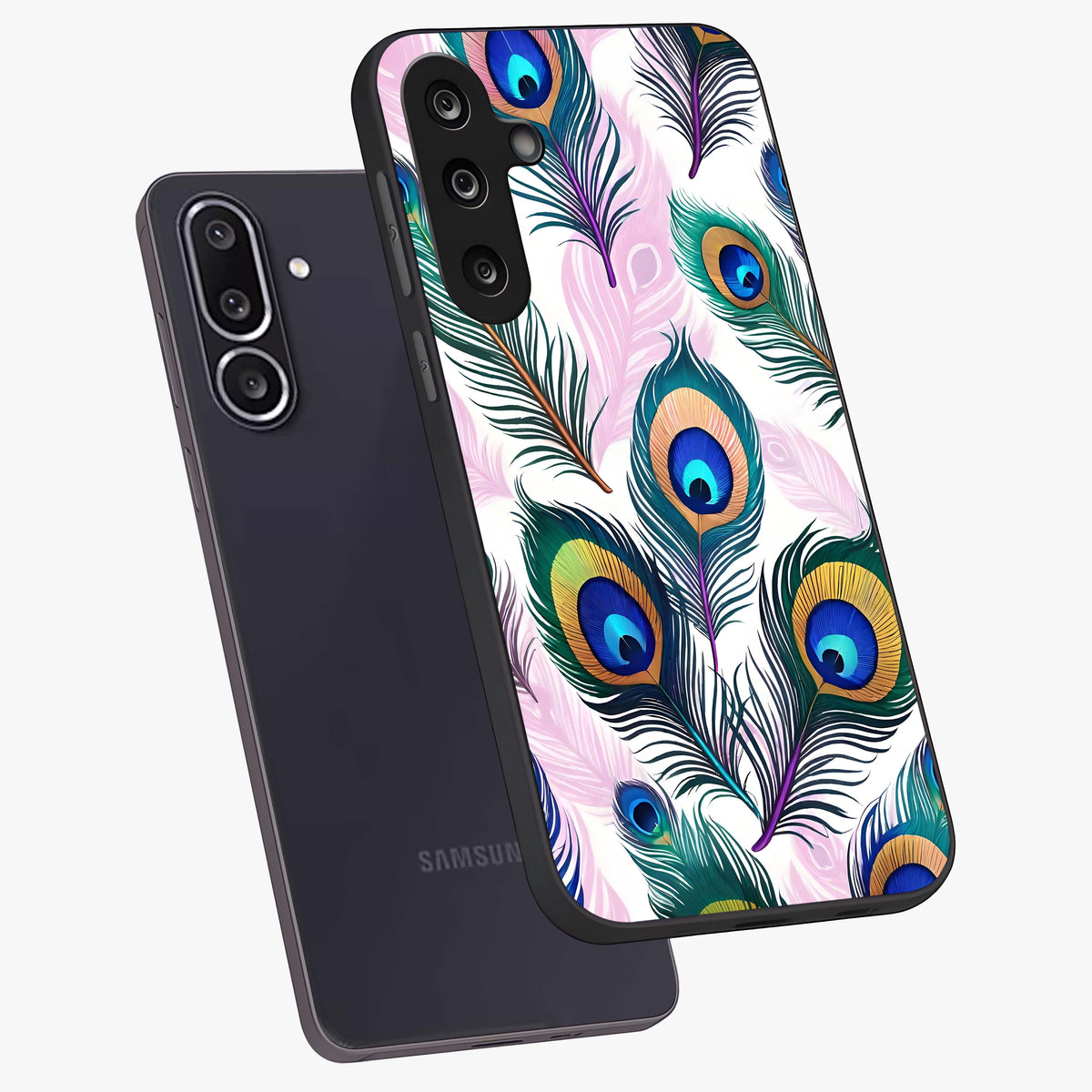 Royal Peacock Feathers Glass Case displayed in angled mockup highlighting vibrant feather pattern with regal aesthetic style.