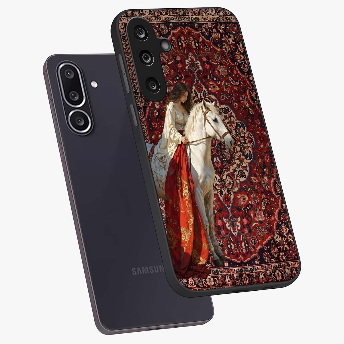 Royal Rider Tapestry Glass Case displayed in angled mockup highlighting traditional tapestry design with royal heritage aesthetic.