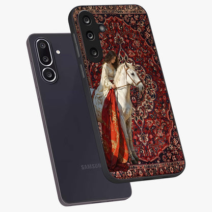 Royal Rider Tapestry Glass Case displayed in angled mockup highlighting traditional tapestry design with royal heritage aesthetic.
