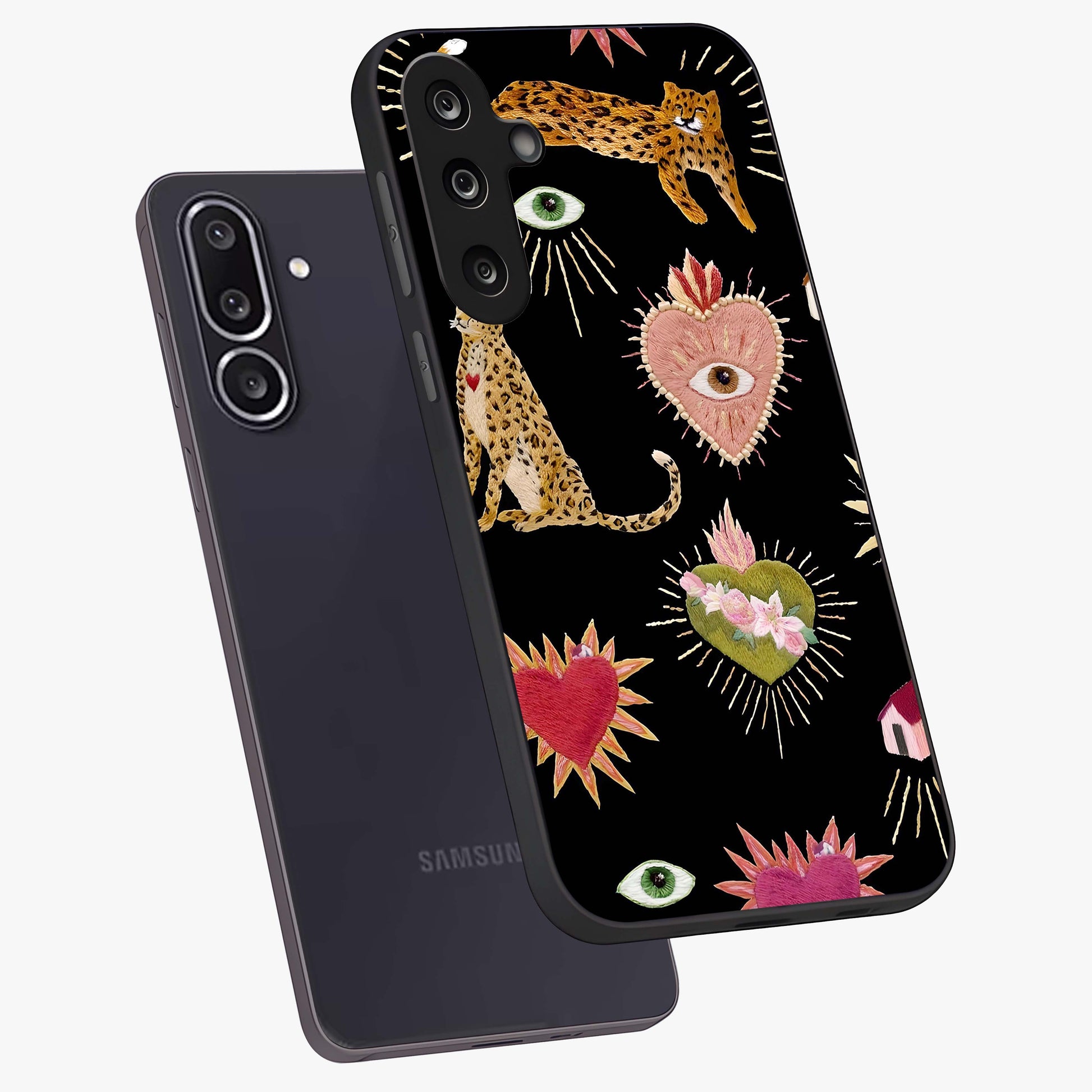 Sacred Jungle Heart Glass Case displayed in angled mockup highlighting lush tropical design with natural aesthetic style.