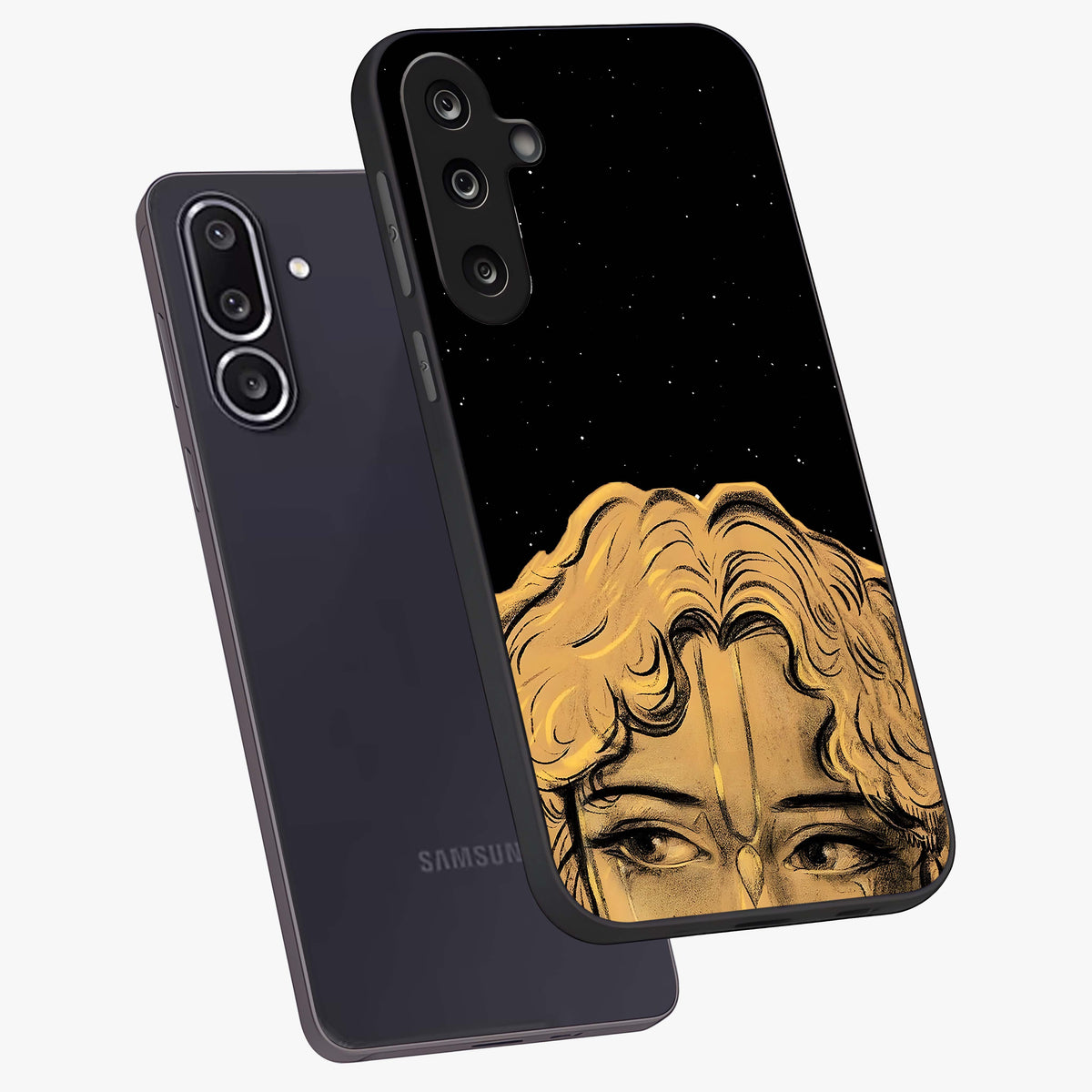 Shri Krishna Art Glass Case displayed in angled mockup highlighting spiritual Krishna illustration with divine aesthetic.