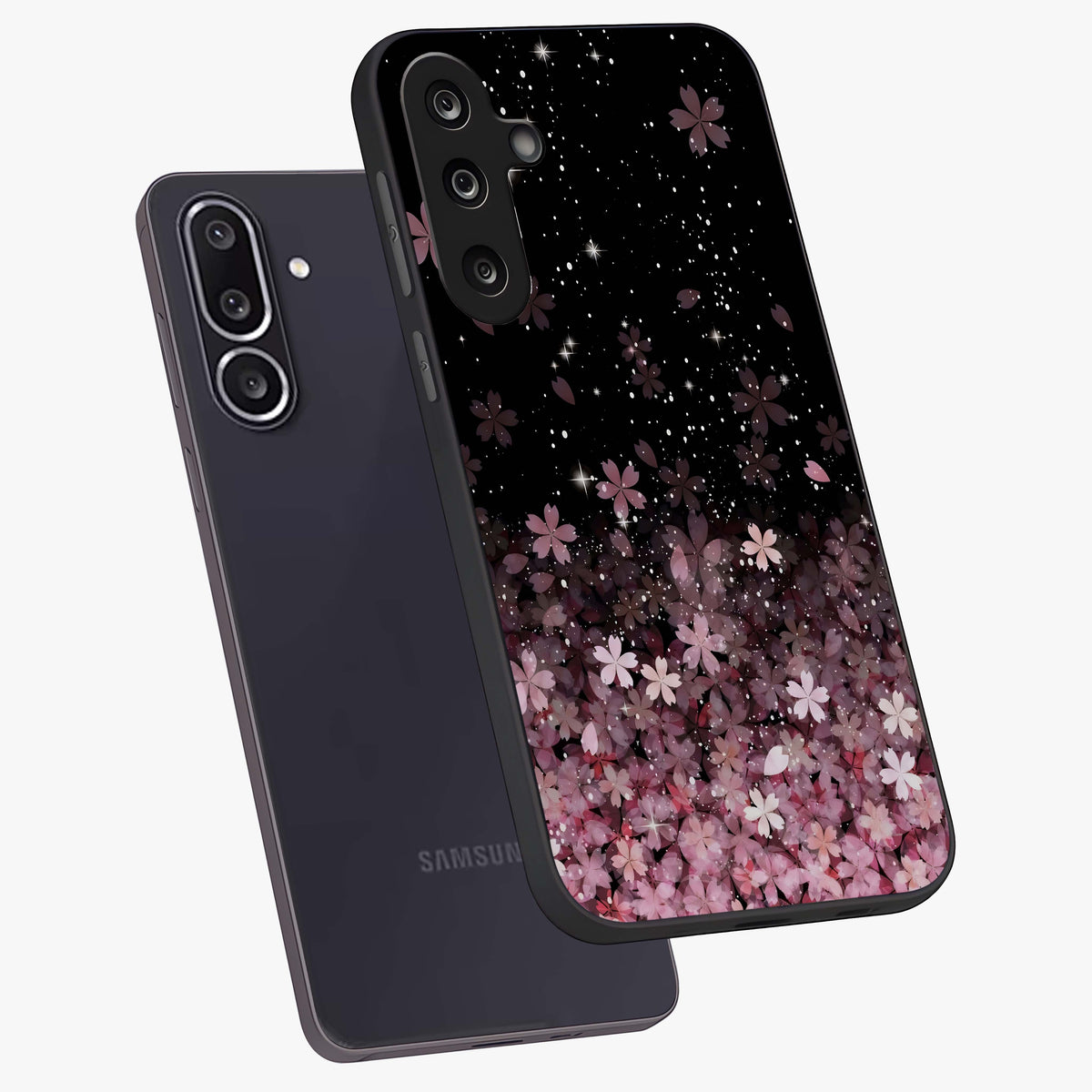 Small Starry Flowers Glass Case displayed in angled mockup highlighting tiny flower pattern with celestial aesthetic style.