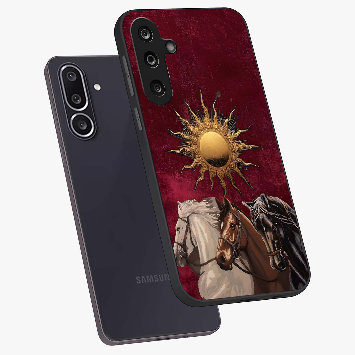 Solar Riders Glass Case displayed in angled mockup highlighting powerful rider illustration with radiant solar aesthetic.