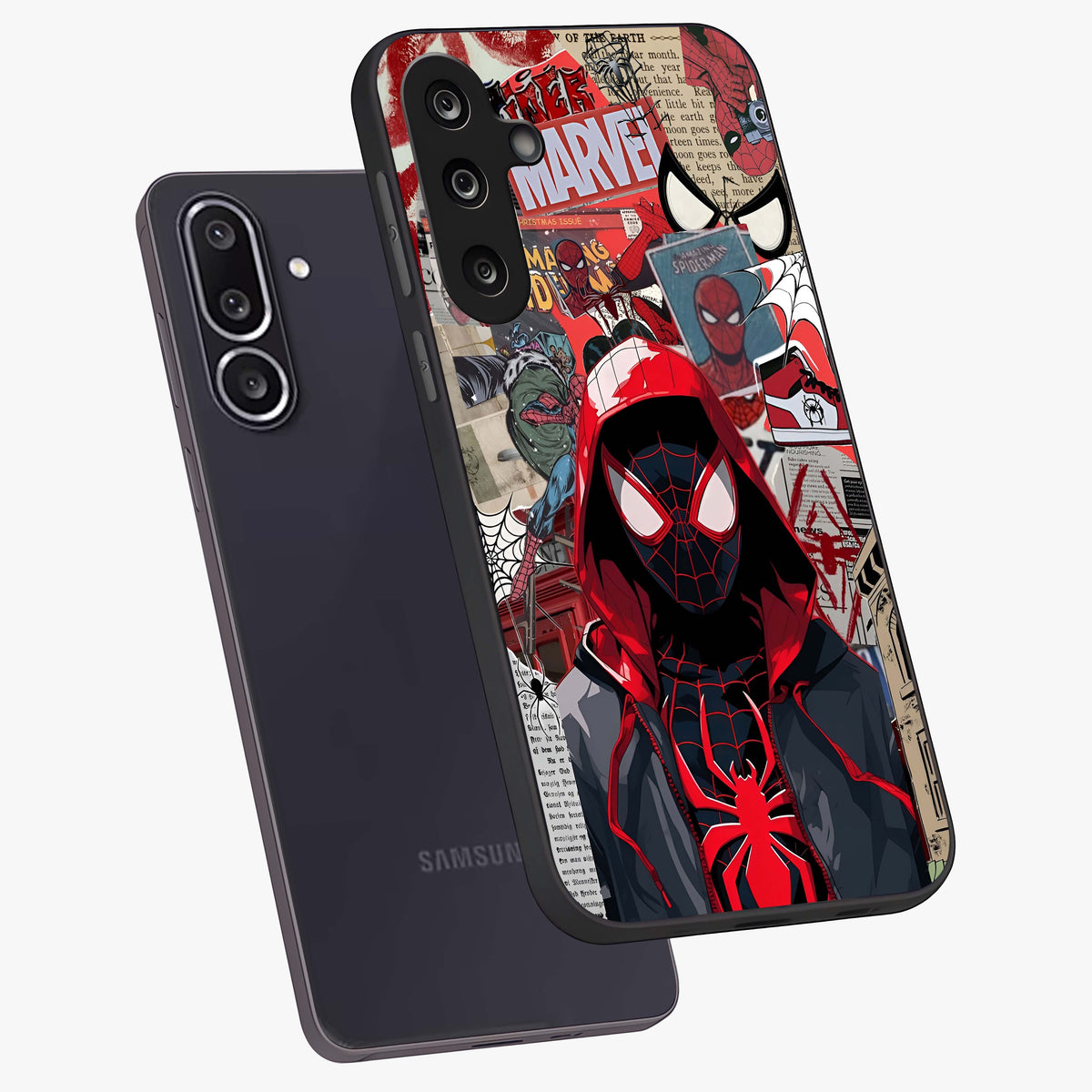 Spider Collage Street Glass Case displayed in angled mockup highlighting dynamic street style collage design with comic aesthetic.