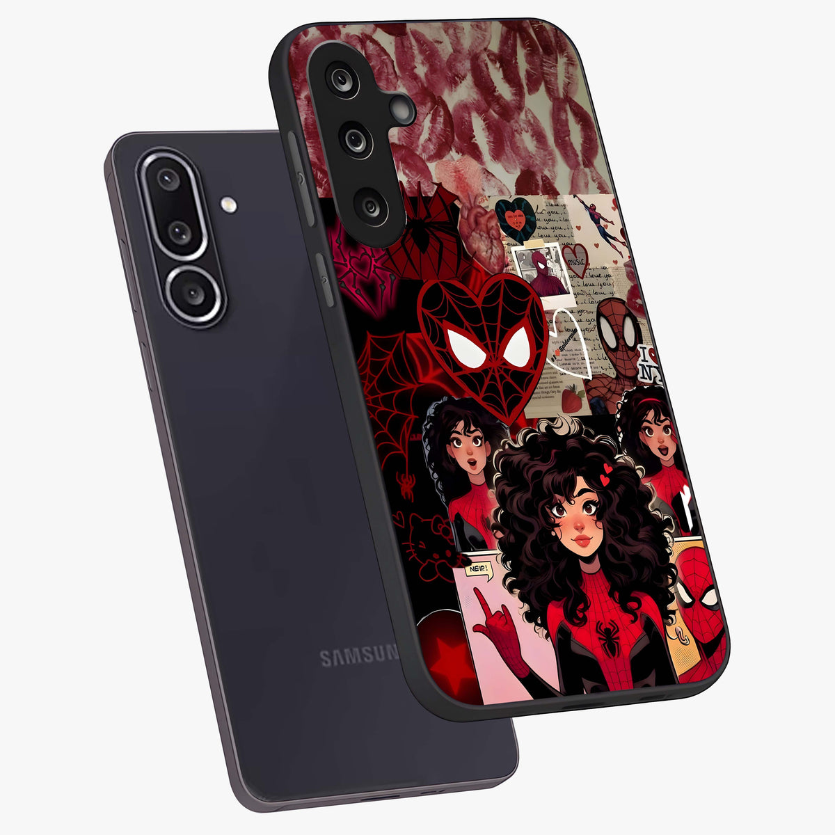 Spider Love Story Glass Case displayed in angled mockup highlighting expressive comic inspired design with playful aesthetic.