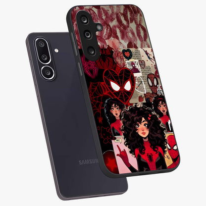 Spider Love Story Glass Case displayed in angled mockup highlighting expressive comic inspired design with playful aesthetic.