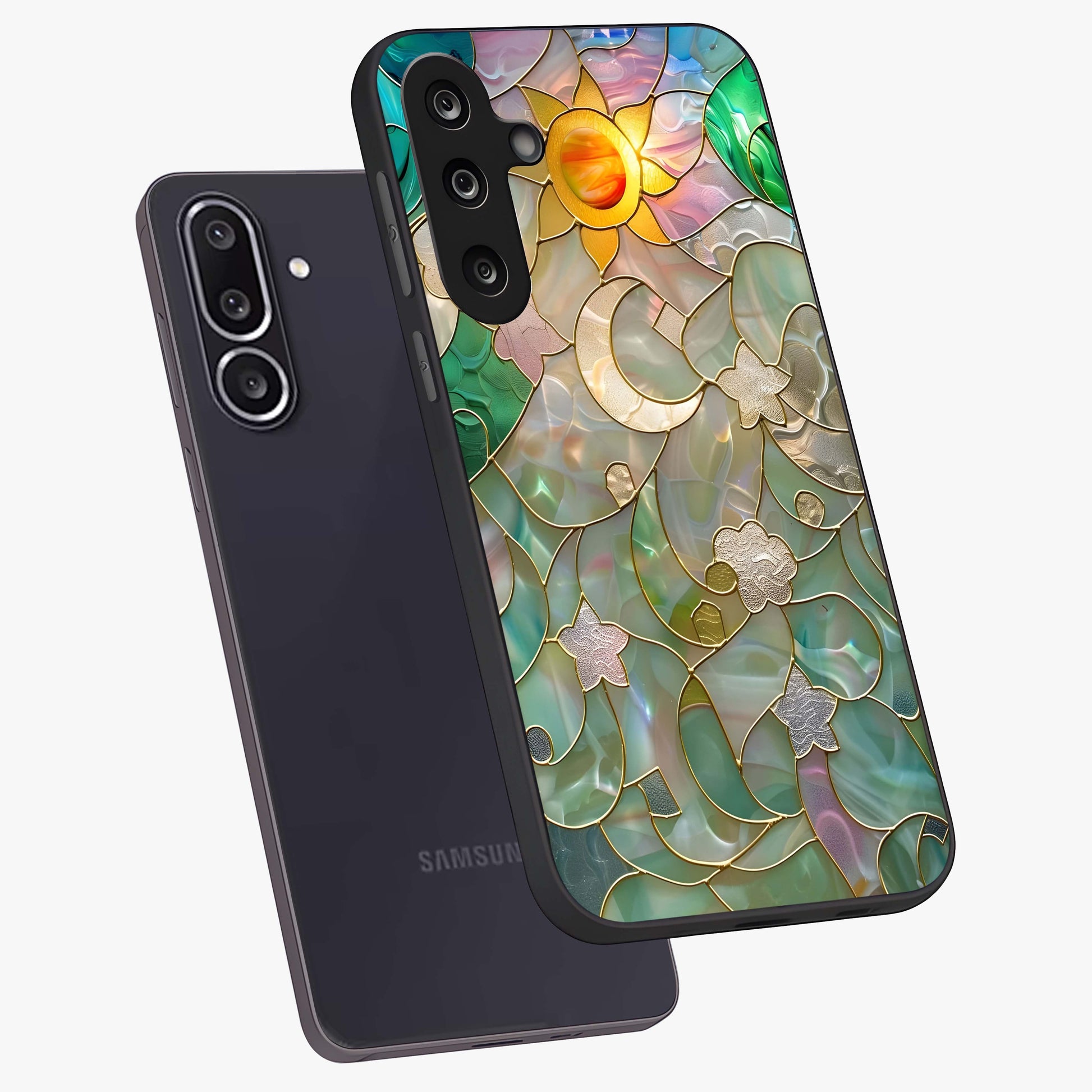 Stained Sunrise Glow Glass Case displayed in angled mockup highlighting radiant sunrise design with artistic aesthetic style.