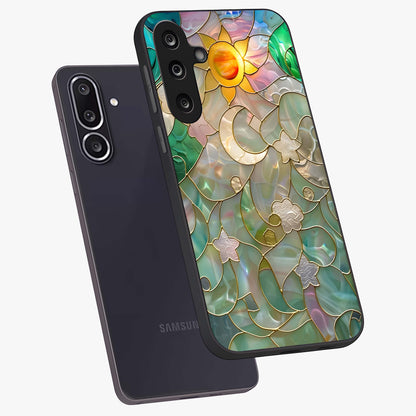 Stained Sunrise Glow Glass Case displayed in angled mockup highlighting radiant sunrise design with artistic aesthetic style.