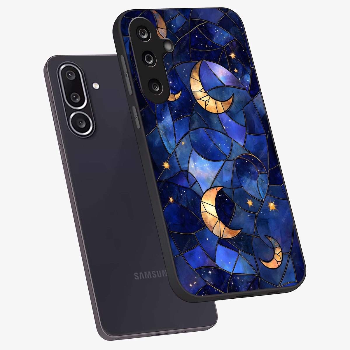 Starlit Sky Tapestry Glass Case displayed in angled mockup highlighting celestial night pattern with artistic aesthetic style.