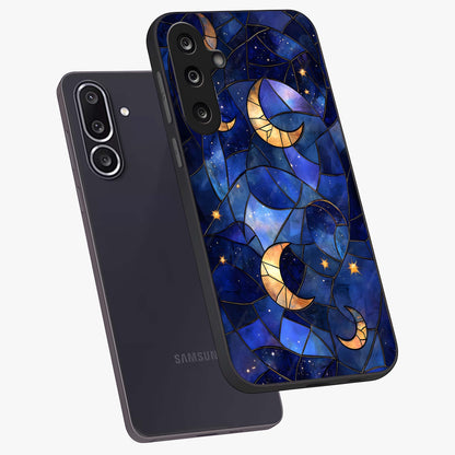 Starlit Sky Tapestry Glass Case displayed in angled mockup highlighting celestial night pattern with artistic aesthetic style.