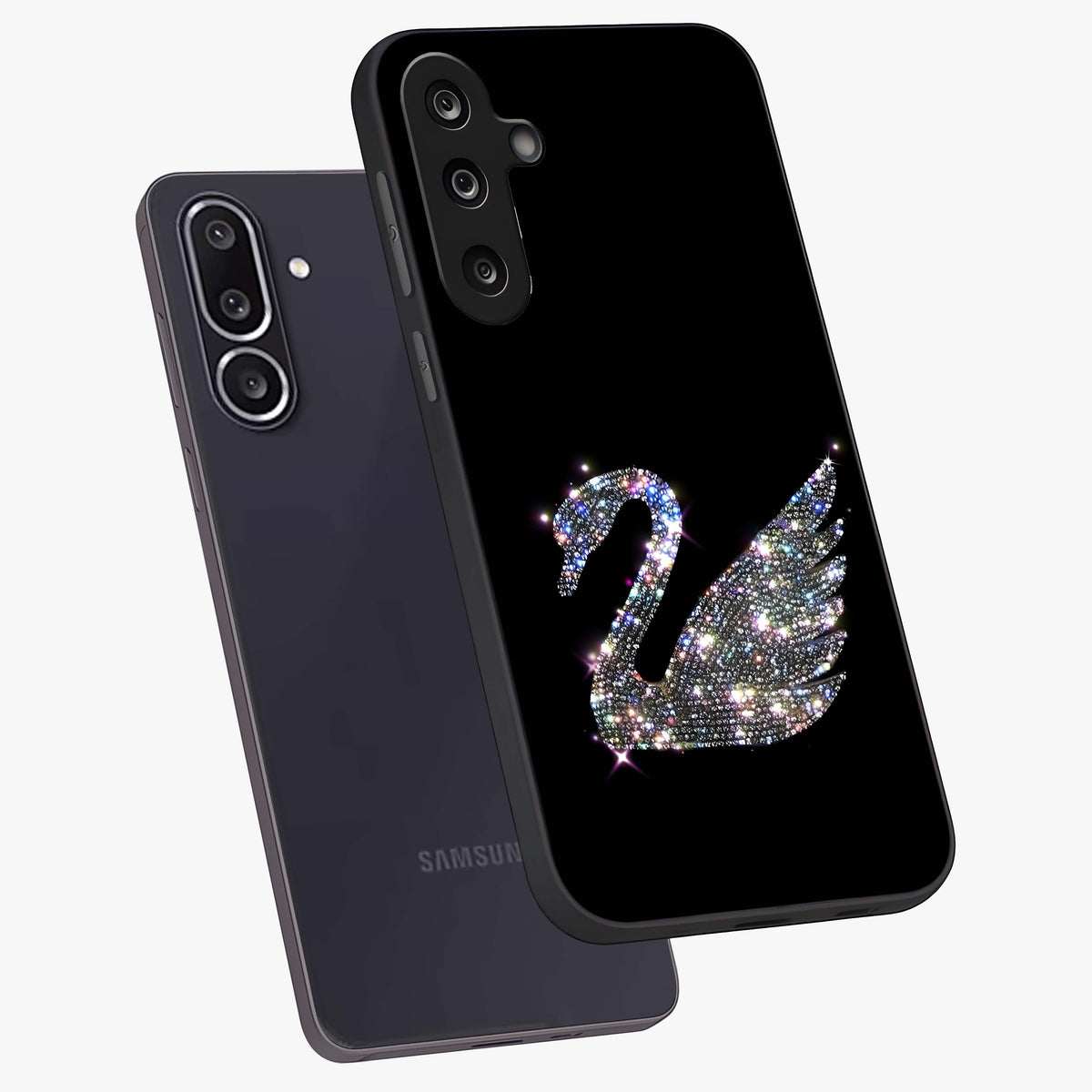 Starlit Swan Grace Glass Case displayed in angled mockup highlighting elegant swan illustration with dreamy celestial aesthetic.