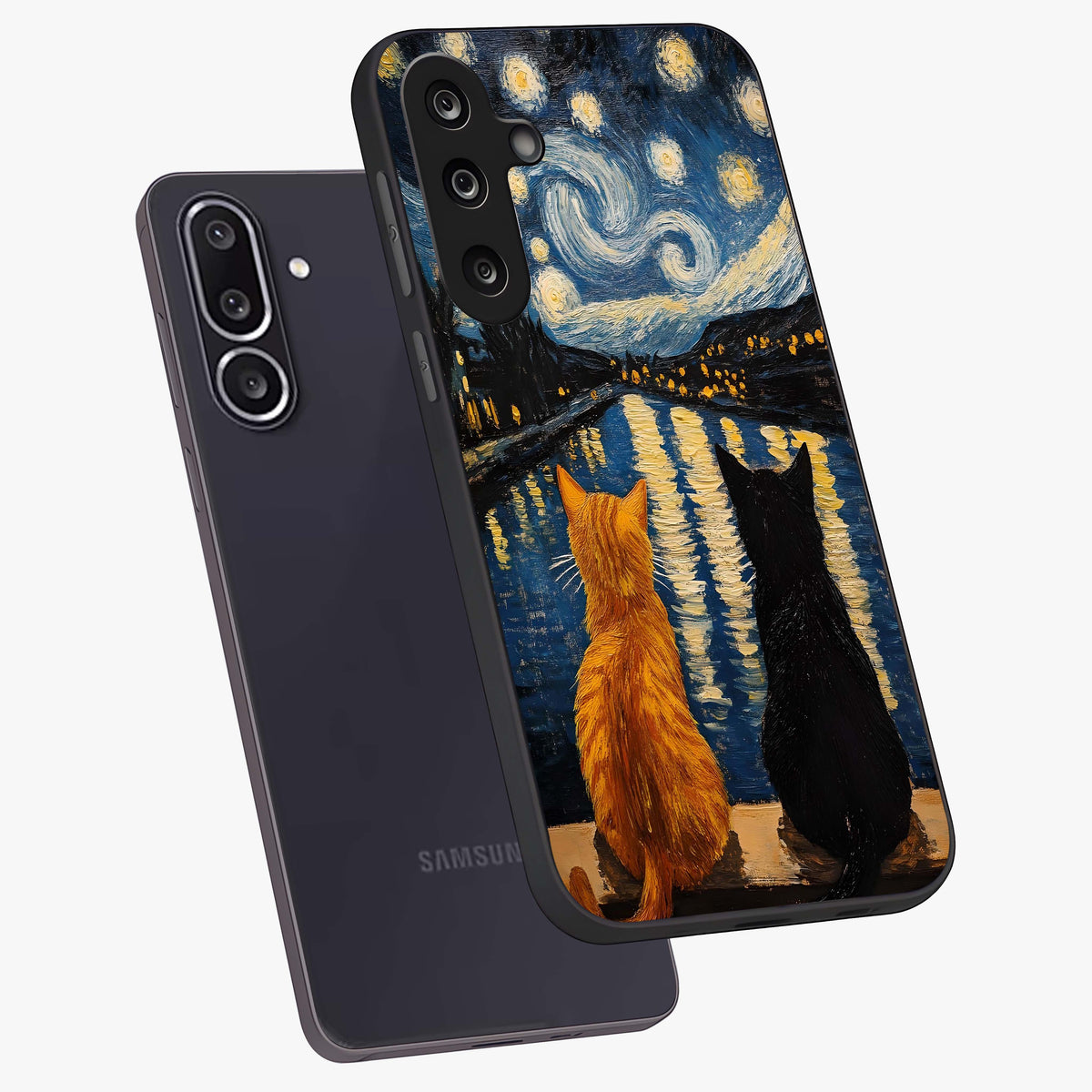 Starry River Cats Glass Case displayed in angled mockup highlighting charming feline illustration with dreamy night aesthetic.