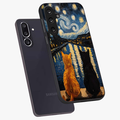 Starry River Cats Glass Case displayed in angled mockup highlighting charming feline illustration with dreamy night aesthetic.