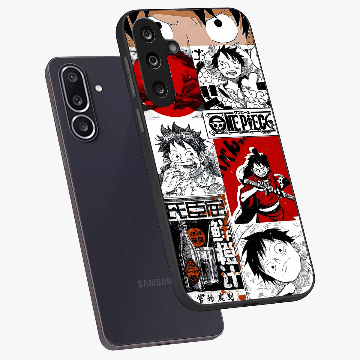 Strawhat Chaos Panels Glass Case displayed in angled mockup highlighting vibrant anime collage design with action aesthetic.