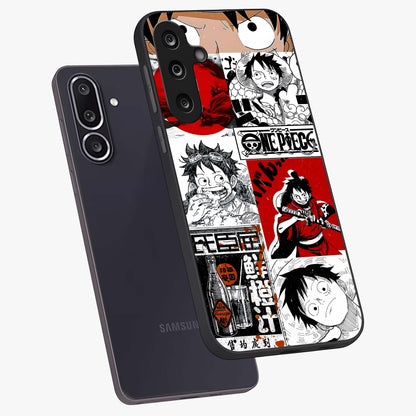 Strawhat Chaos Panels Glass Case displayed in angled mockup highlighting vibrant anime collage design with action aesthetic.