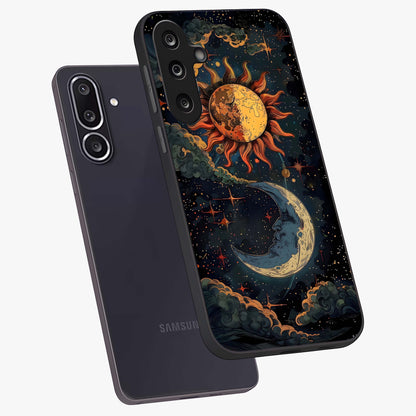 Sun And Moon Magic Design Glass Case displayed in angled mockup highlighting celestial design with magical cosmic aesthetic.