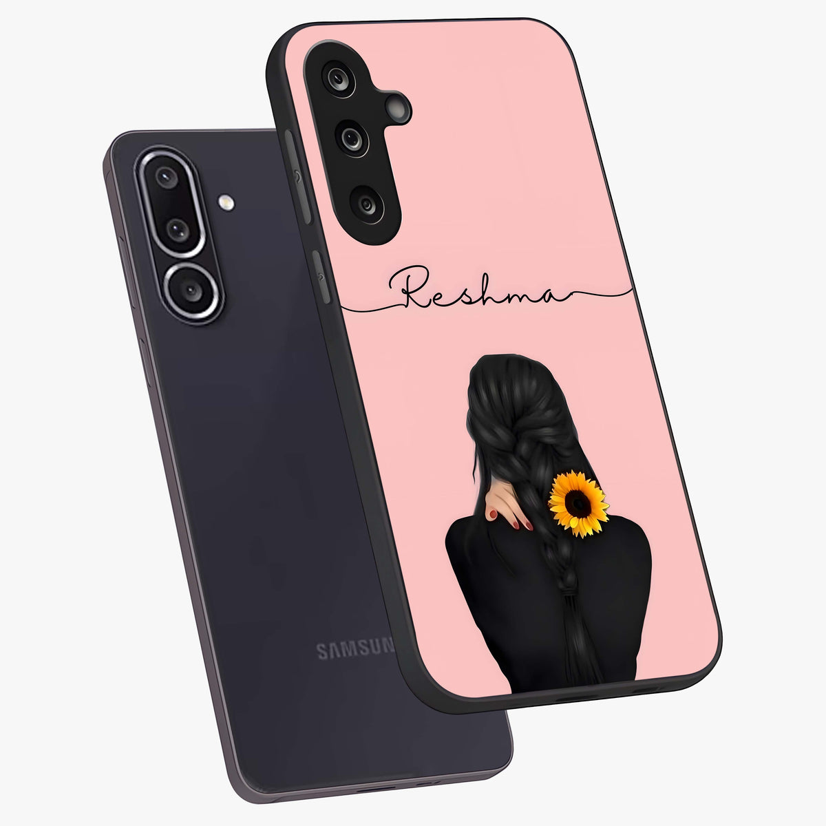 Sunflower Braid Beauty With Custom Name Glass Case displayed in angled mockup highlighting elegant sunflower design with custom name feature.