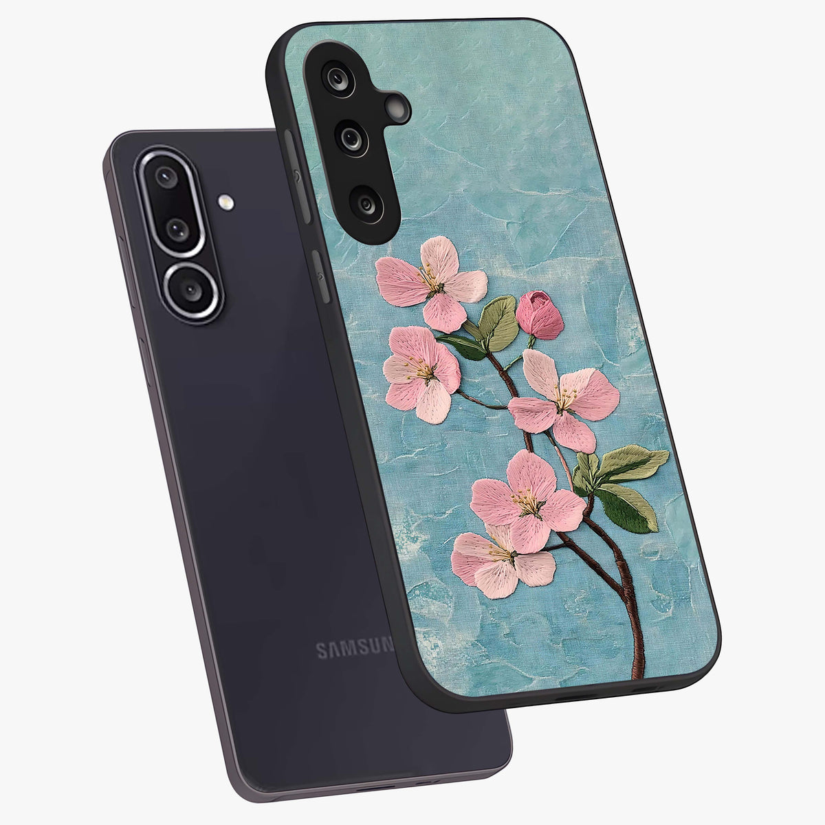 Threaded Blossom Breeze Glass Case displayed in angled mockup highlighting elegant floral design with soft aesthetic style.