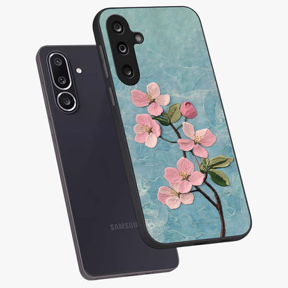 Threaded Blossom Breeze Glass Case displayed in angled mockup highlighting elegant floral design with soft aesthetic style.