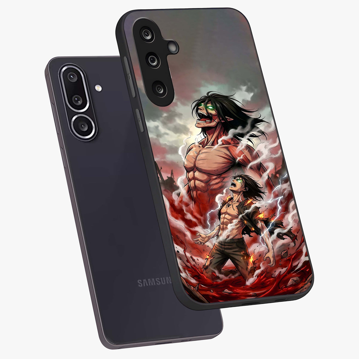 Titan Awakening Fury Glass Case displayed in angled mockup highlighting dramatic giant warrior design with bold anime aesthetic.