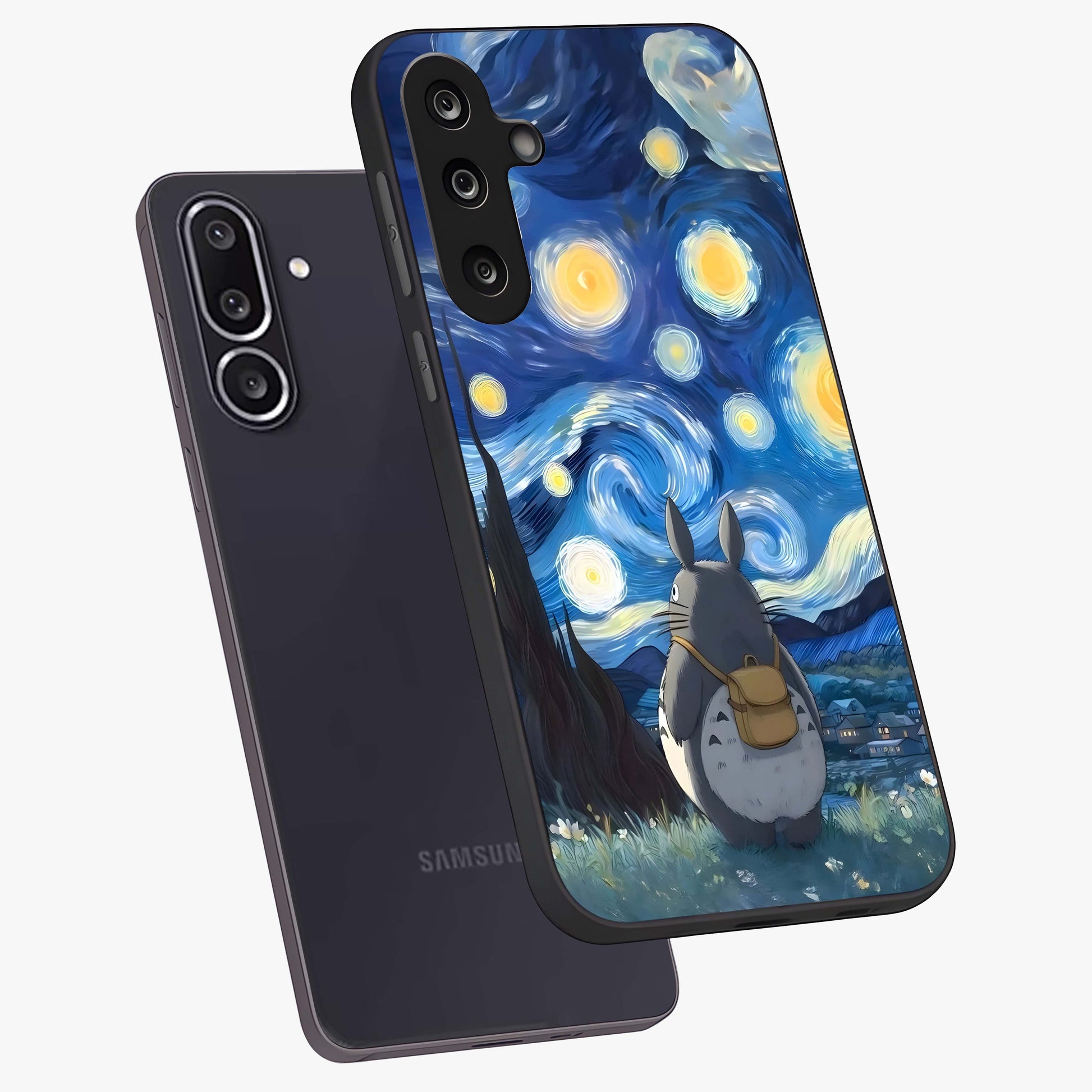 Totoro In Van Gogh Art Glass Case displayed in angled mockup highlighting artistic swirling sky design with playful animation aesthetic.