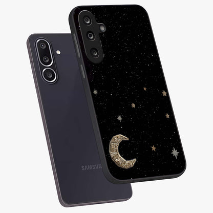 Twinkle Star With Half Moon Glass Case displayed in angled mockup highlighting celestial moon and star design with magical aesthetic.