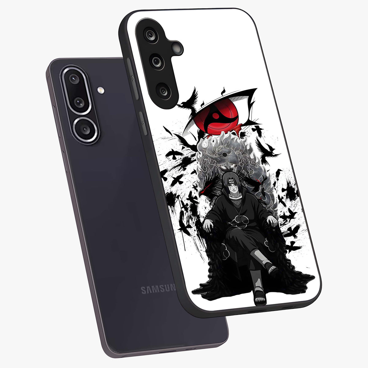 Uchiha Shadow Throne Glass Case displayed in angled mockup highlighting glowing aquatic design with celestial aesthetic.