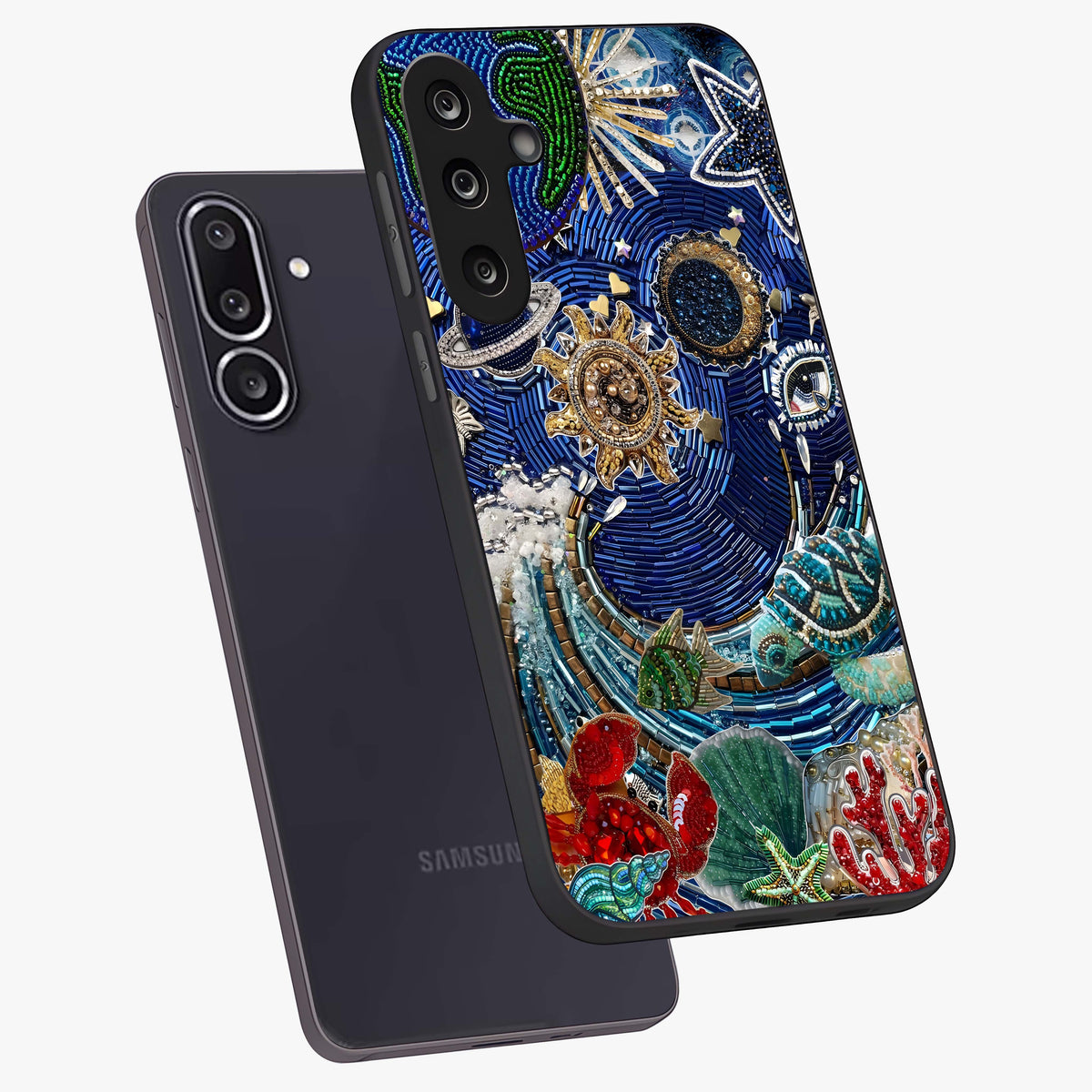 Universe Underwater Spark Glass Case displayed in angled mockup highlighting glowing aquatic design with celestial aesthetic.