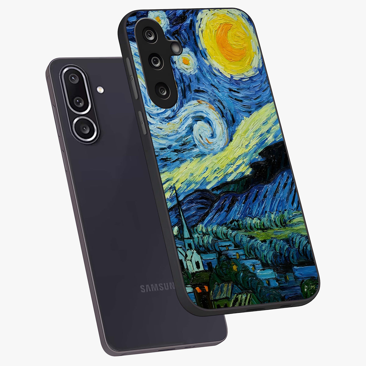 Van Gogh Art Glass Case displayed in angled mockup highlighting swirling brushstroke design with artistic aesthetic.