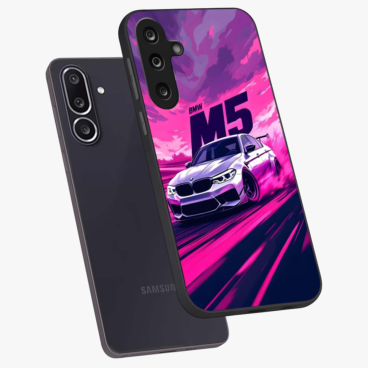 Velocity Drift Pulse Glass Case displayed in angled mockup highlighting dynamic drift design with sporty automotive aesthetic.