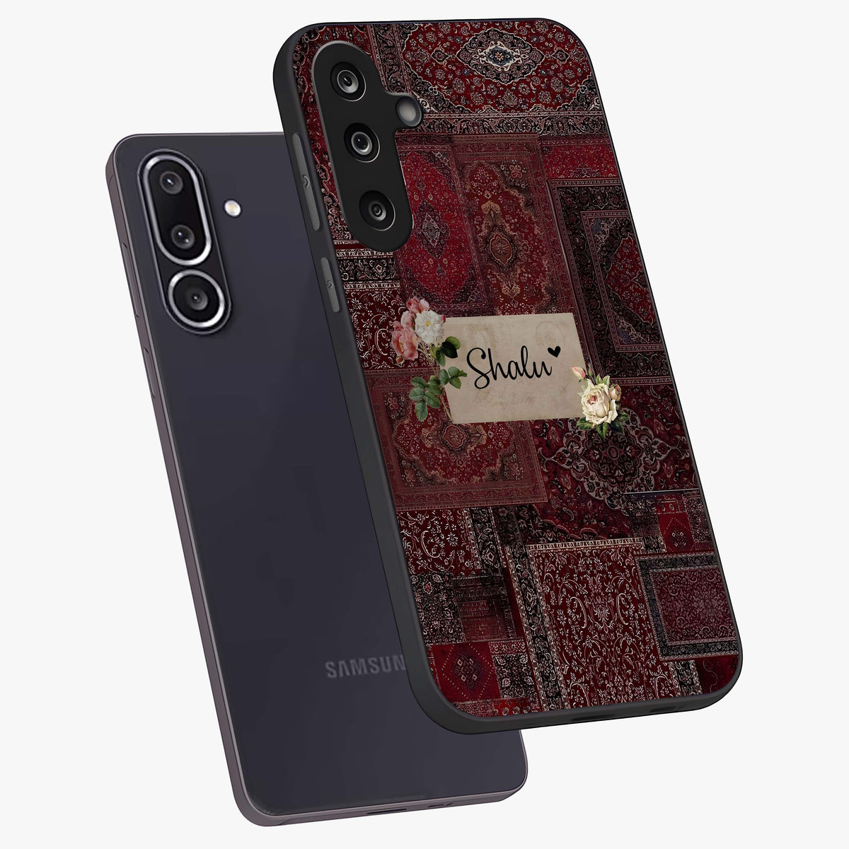 Velvet Wine Pattern Custom Name Glass Case displayed in angled mockup highlighting decorative velvet inspired design with custom name feature.