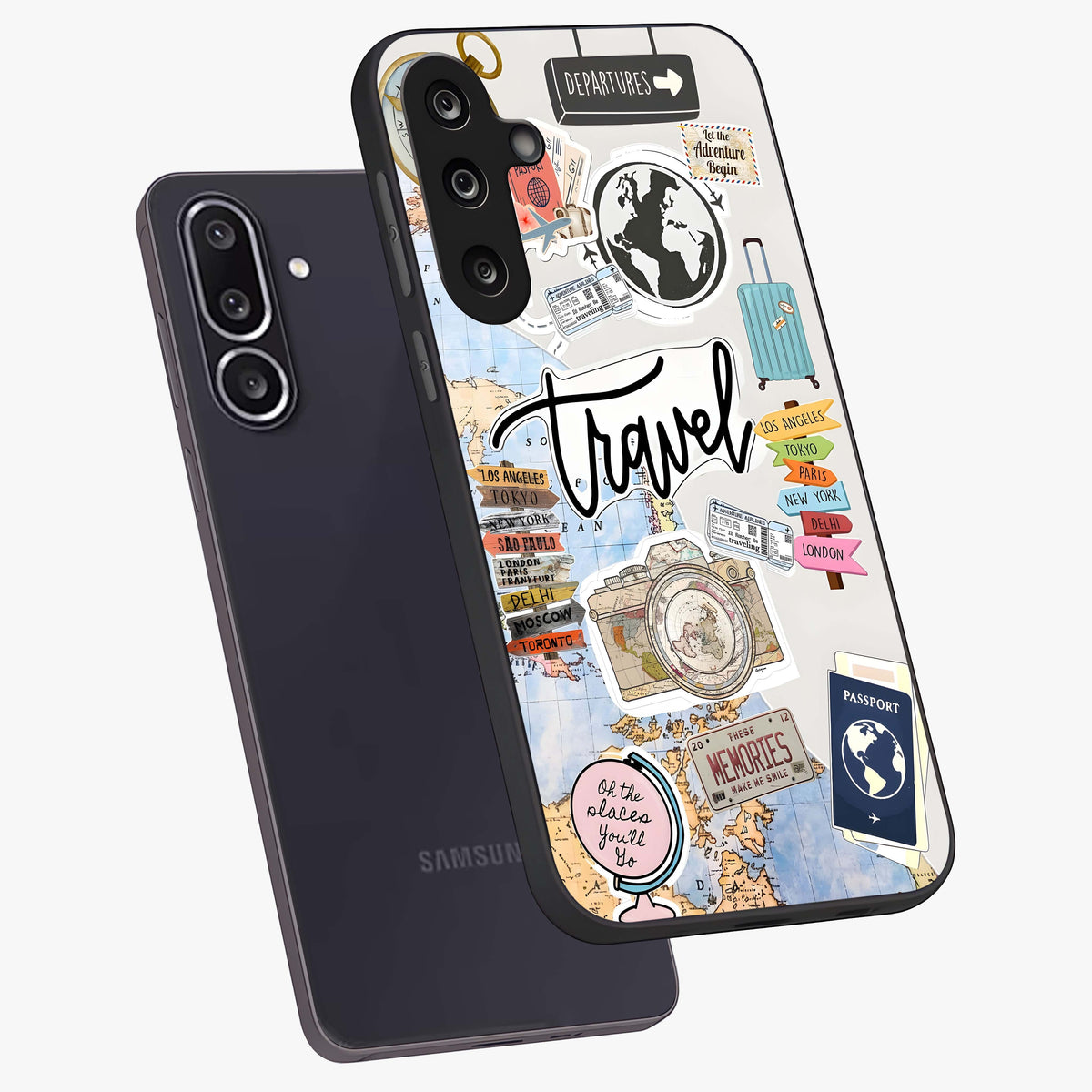 Wanderlust Journal Glass Case displayed in angled mockup highlighting adventure themed design with aesthetic travel vibe.