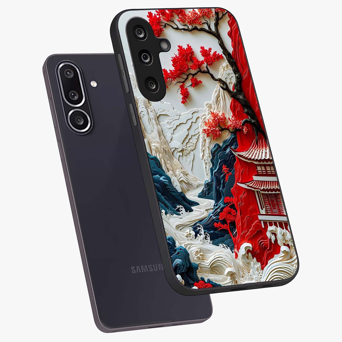 Whispers Of Sakura Waves Glass Case displayed in angled mockup highlighting flowing sakura design with soft floral aesthetic.