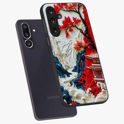 Whispers Of Sakura Waves Glass Case displayed in angled mockup highlighting flowing sakura design with soft floral aesthetic.
