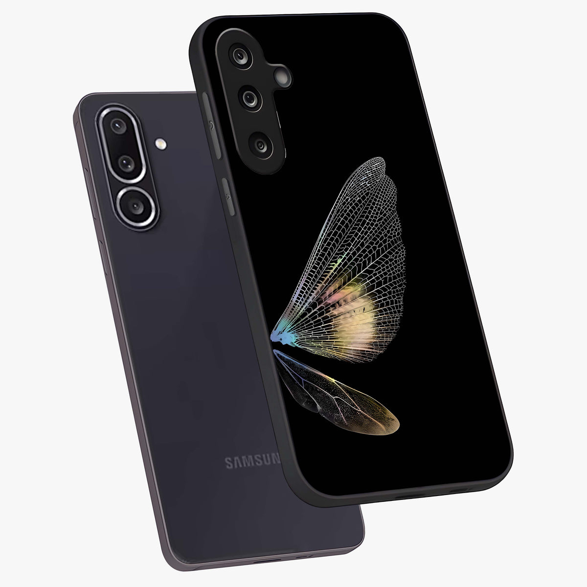 Whispers Of Wings Glass Case displayed in angled mockup highlighting soft feather design with celestial aesthetic style.