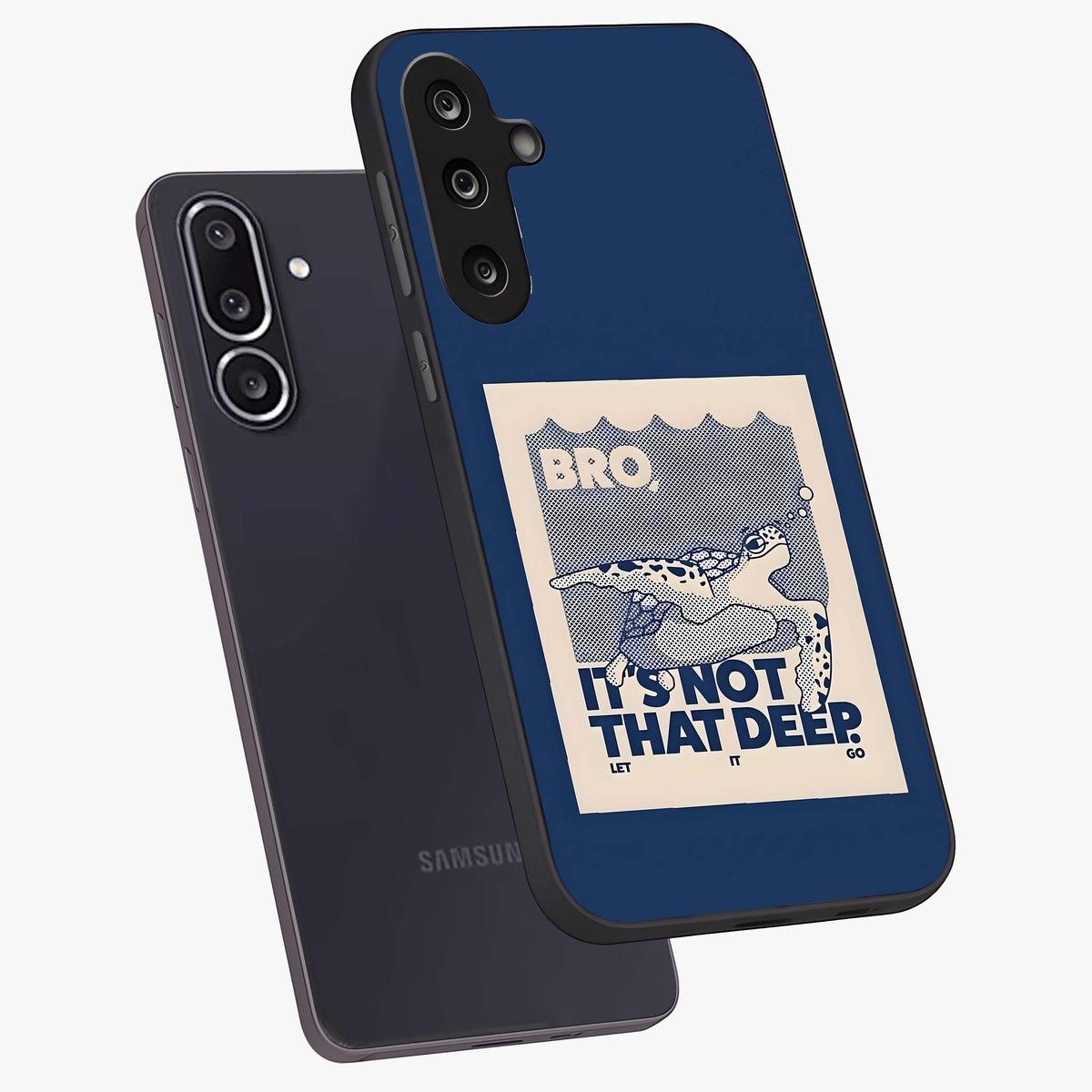 Worry Less Swim Glass Case displayed in angled mockup highlighting fun typography design with relaxed aesthetic style.