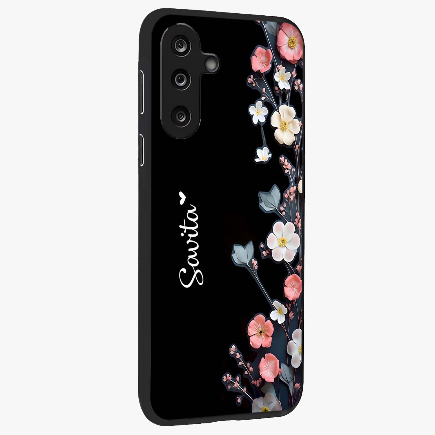 Black Elegance Floral Custom Name Glass Case upright view showcasing luxurious black floral design with personalized name detail.