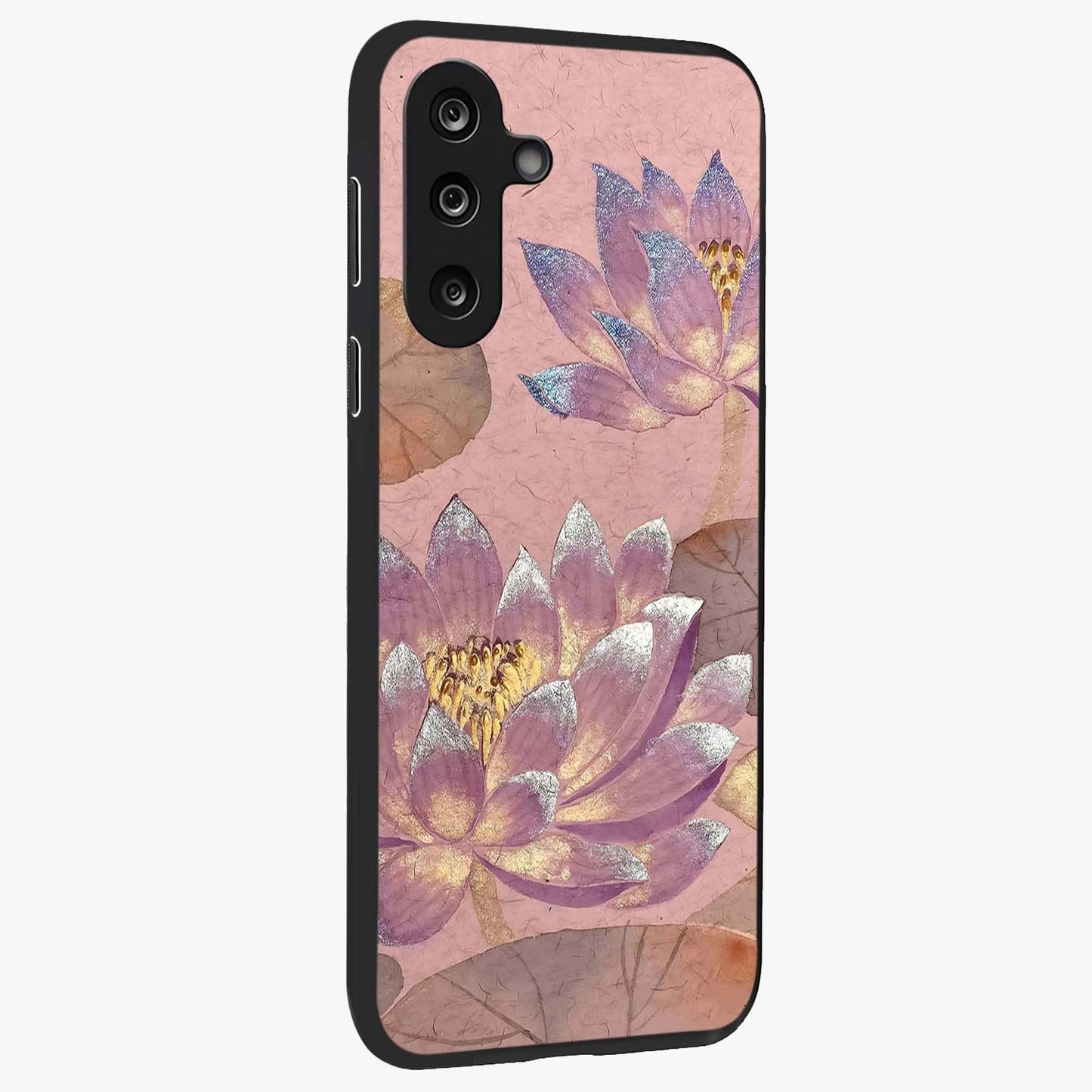 Blossom Mist Lotus Glass Case upright view showcasing graceful lotus flower design with peaceful botanical style.