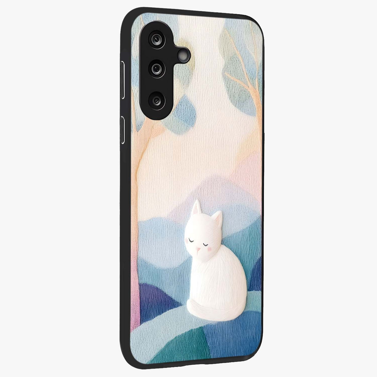 Cotton Dream Cat Glass Case upright view showcasing charming cat artwork with cozy dreamy theme.