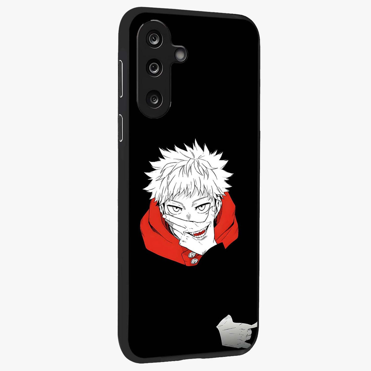 Crimson Chaos Smile Glass Case upright view showcasing expressive chaotic artwork with striking visual theme.