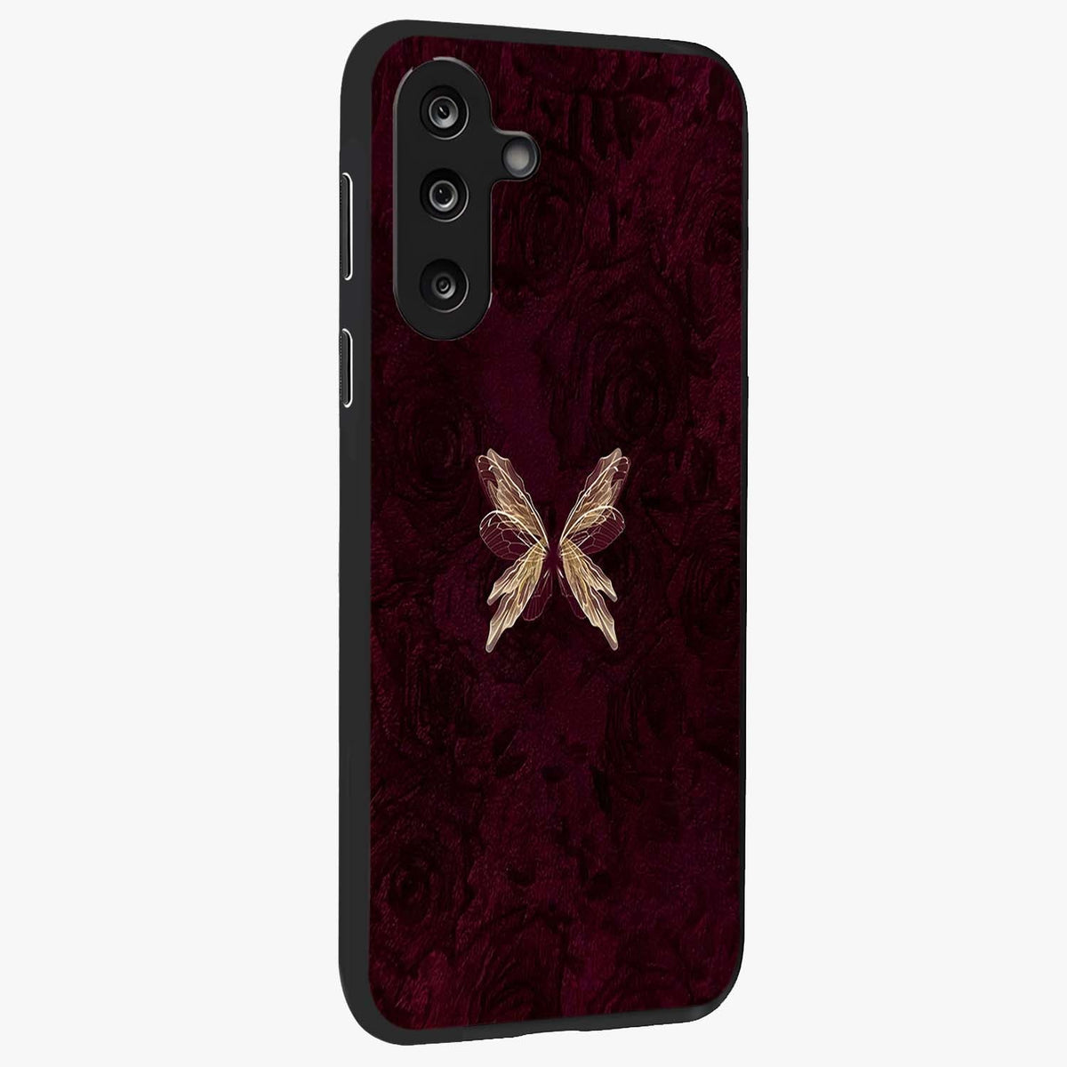 Crimson Fade Butterfly Glass Case upright view showcasing graceful butterfly artwork with soft crimson fade effect.