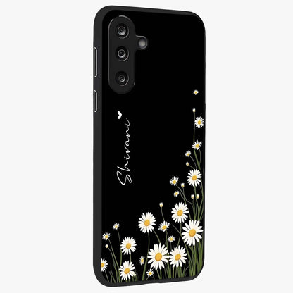 Daisy Cascade Custom Name Glass Case upright view showcasing elegant floral cascade design with personalized aesthetic.