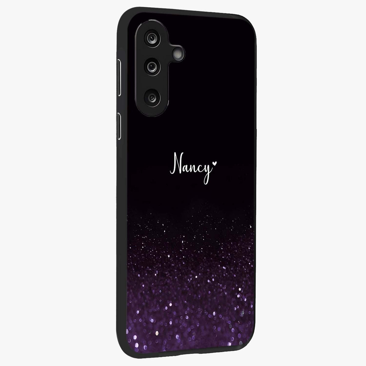 Glittery Purple Bokeh Custom Name Glass Case upright view showcasing vibrant purple sparkle artwork with personalized aesthetic style.