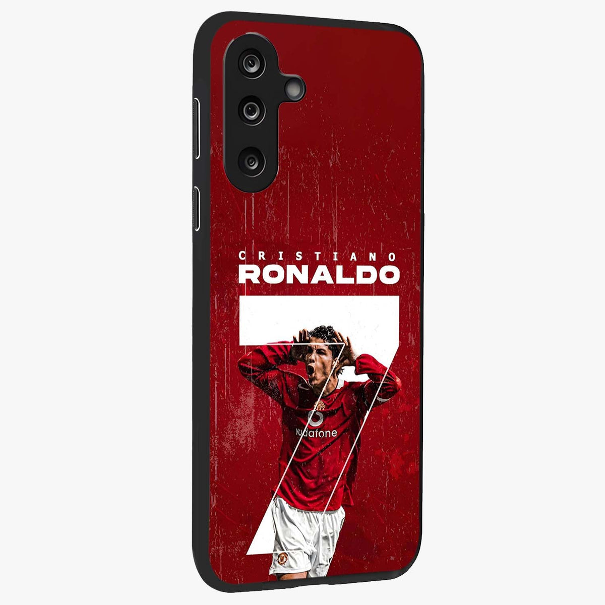 Goal Celebration Legacy Glass Case upright view showcasing dynamic football inspired artwork with victory celebration aesthetic.
