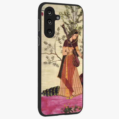 Lady With Veena Art Glass Case upright view showcasing classical veena artwork with traditional artistic theme.