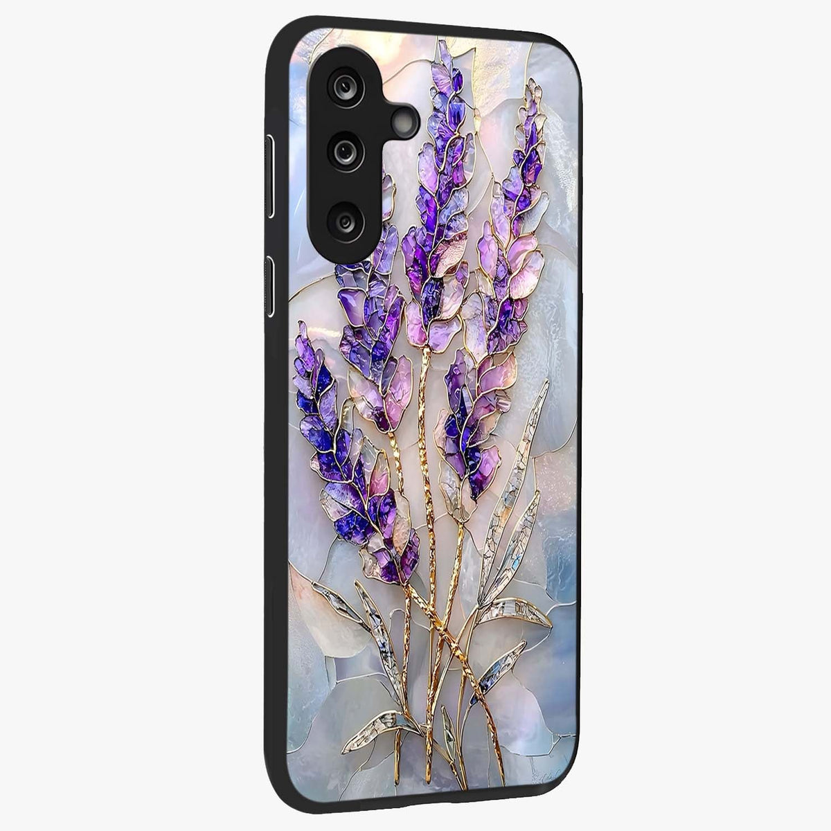 Lavender Dream Glow Glass Case upright view showcasing radiant lavender glow artwork with calming dreamy theme.