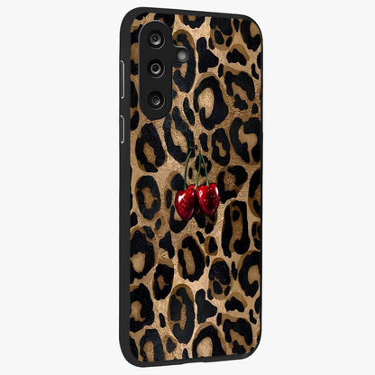 Leopard Wild Cherry Glass Case upright view showcasing stylish leopard pattern artwork with trendy fashion theme.