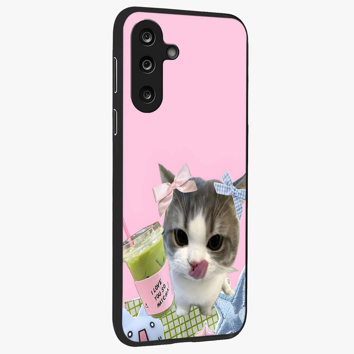Love Matcha Cat Glass Case upright view showcasing adorable cat artwork with charming matcha themed design.